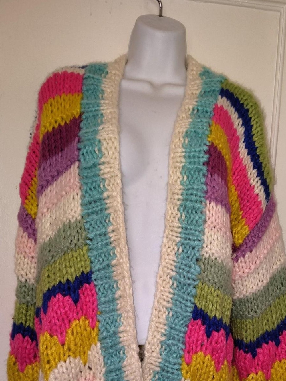 debut Multicolor Striped Knit Cardigan with Cream & Aqua Trim